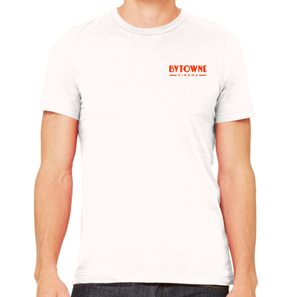 Front of cream-coloured t-shirt with red ByTowne Cinema logo